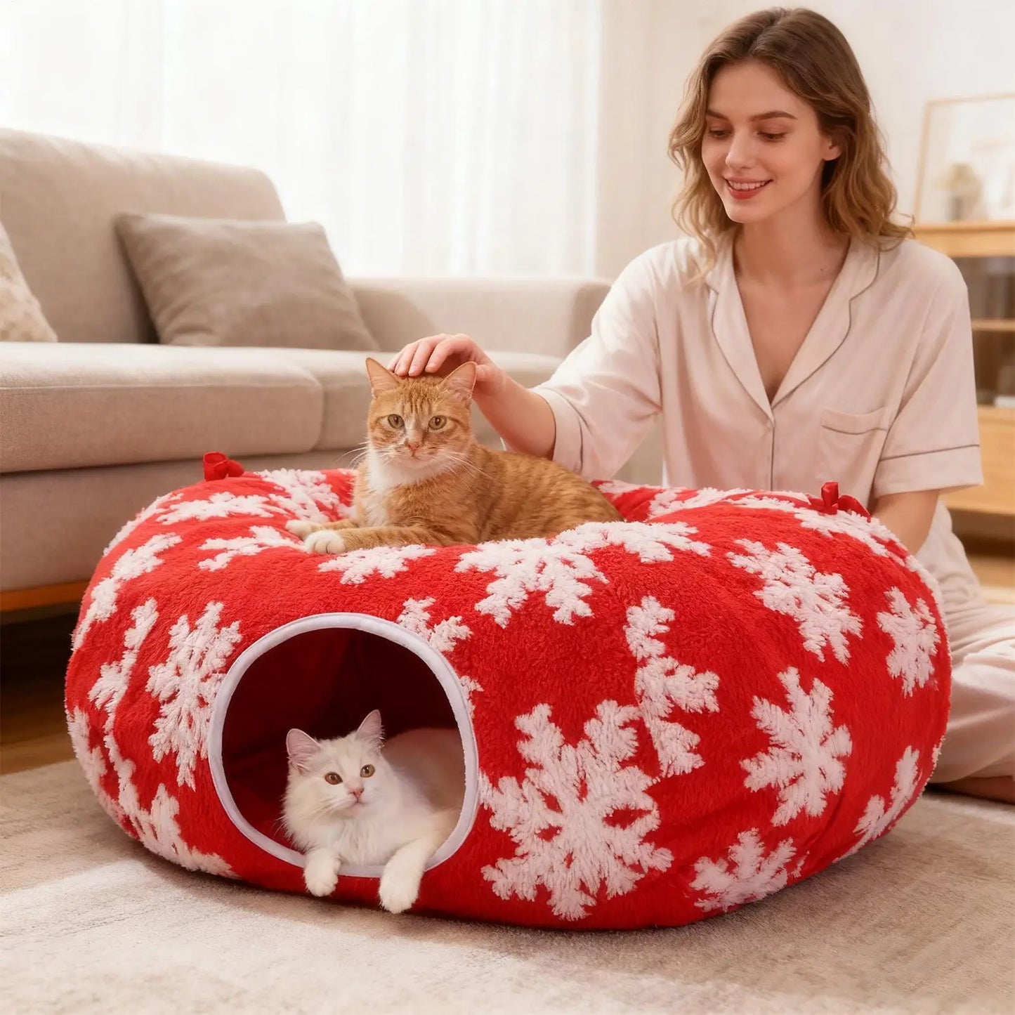 Christmas Cat Tunnel Bed – Cozy Donut Nest for Kittens