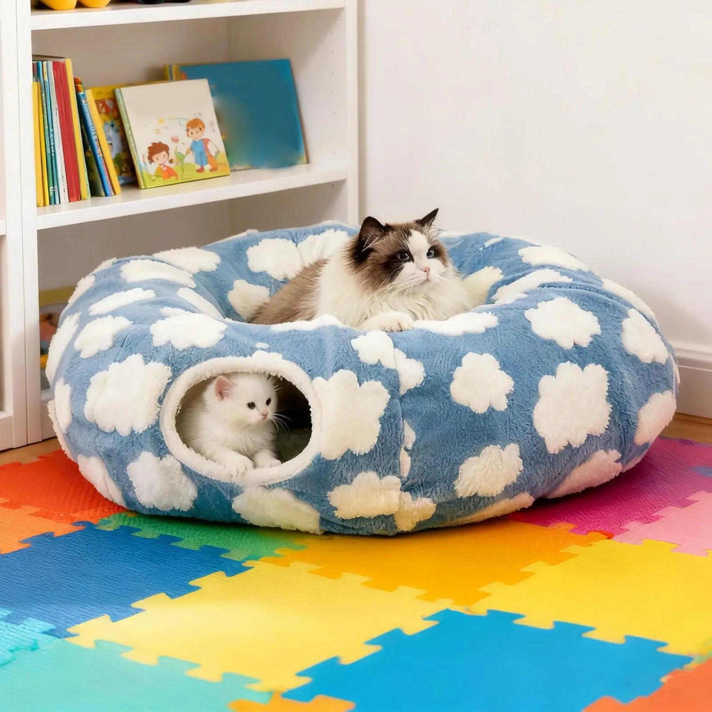 Cat Tunnel Donut Bed with Removable Cushion — Washable 2-in-1 Tunnel & Cozy Nest for Cats, Kittens, Small Dogs and Bunnies