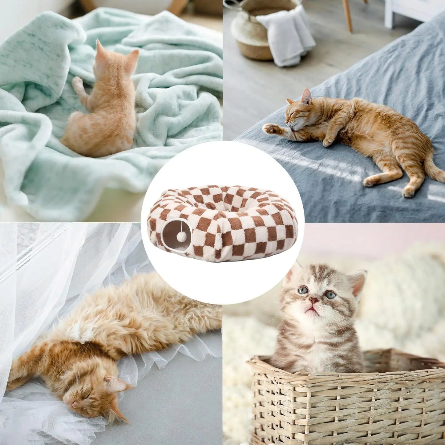 Cat Tunnel Donut Bed with Removable Cushion — Washable 2-in-1 Tunnel & Cozy Nest for Cats, Kittens, Small Dogs and Bunnies