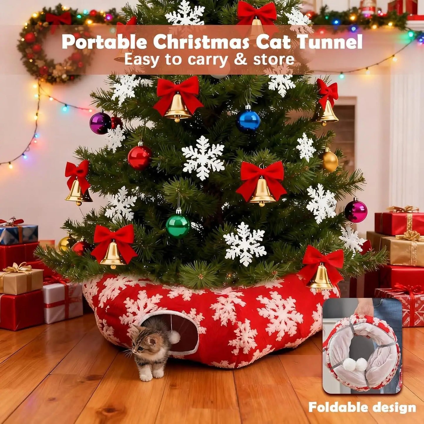 Christmas Cat Tunnel Bed – Cozy Donut Nest for Kittens