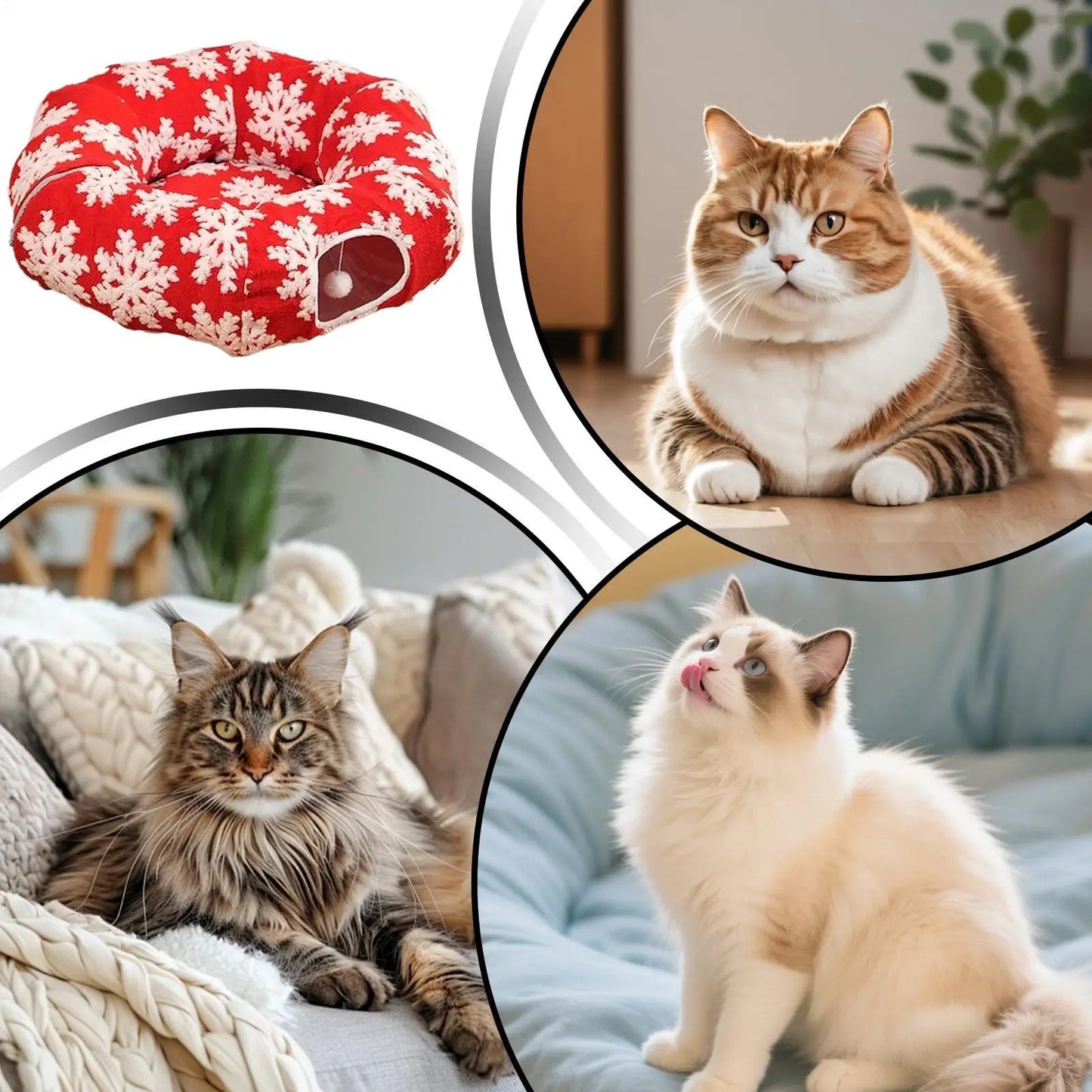 Christmas Cat Tunnel Bed – Cozy Donut Nest for Kittens