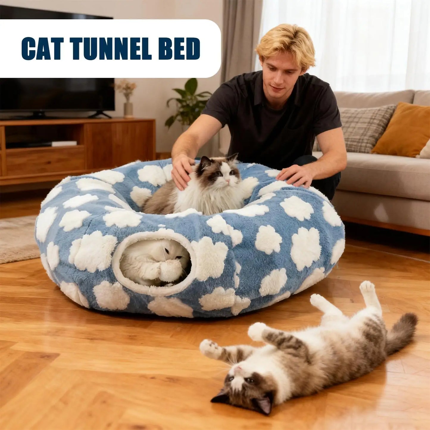 Cat Tunnel Donut Bed with Removable Cushion — Washable 2-in-1 Tunnel & Cozy Nest for Cats, Kittens, Small Dogs and Bunnies