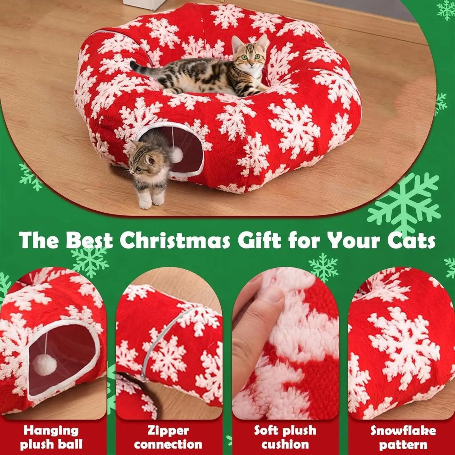 Christmas Cat Tunnel Bed – Cozy Donut Nest for Kittens